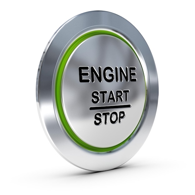 Start and stop keyless ignition button over white background with green light, engine starter concept.