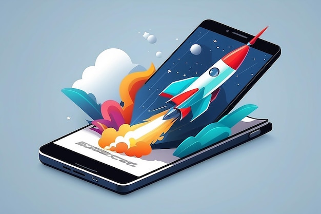 Start-up bedrijfsconcept met rocket lauch op mobiele telefoon vector illustratie