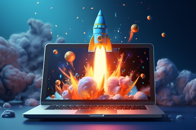 Photo start up concept successful start of project development concept rocket coming out of laptop screen it business startup