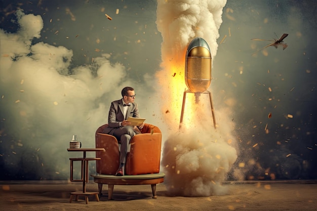 Start up concept with businessman holding briefcase and standing in front of rocket shaped gap in