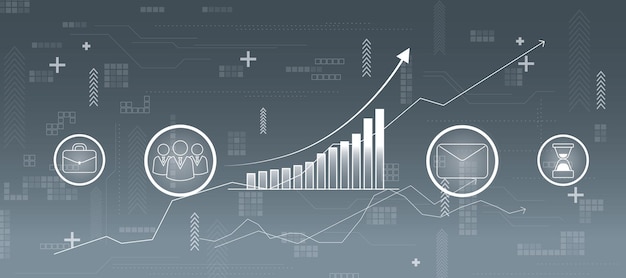 Photo start up strategy concept with social network icons and financial growing graph and arrow on grey background