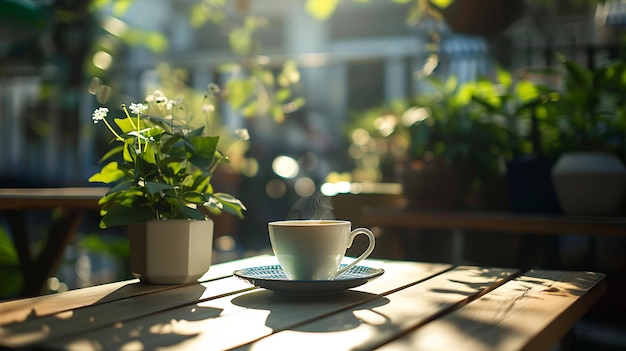 庭でコーヒーを飲んで一日を始めなさい新鮮な空気と美しい風景はあなたがリラックスしコーヒーをもっと楽しむのに役立ちます