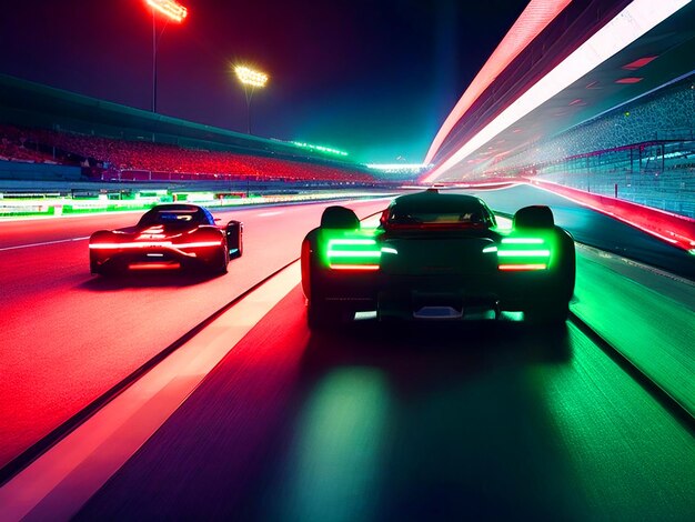 the starting line glow of stadium floodlights intense light on the sport cars as they speed away l