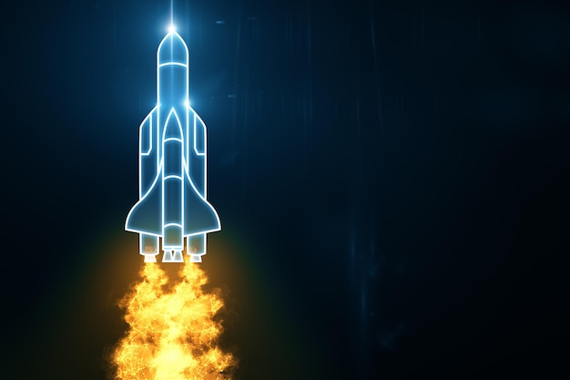 Starting rocket with a flame in a neon style on a dark background The beginning of the new business project and the technological startup concept Mockup 3D rendering