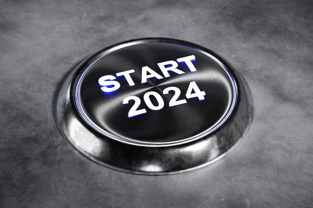 startknop 2024 gelukkig nieuwjaar 2024 Concept van planning start carrièrepad bedrijfsstrategie kans en veranderknop 2024 start nieuw project 3D-rendering