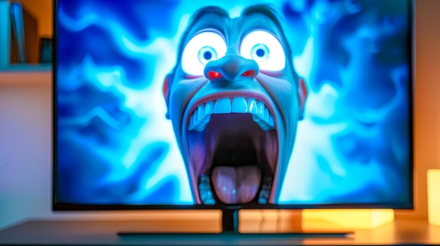 Startled animated monster on tv screen in modern home entertainment setup