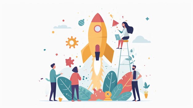 Фото Векторная иллюстрация бизнес-концепции стартапа плоские крошечные люди персонажи, стоящие на лестнице возле ракеты командная работа успех стартапа инновация новая бизнес-идея метафора генеративный ии