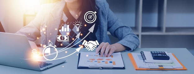 startup concept with icon business and network connection on modern virtual interface from digital tablet man touching on tablet online business ecomers online marketing