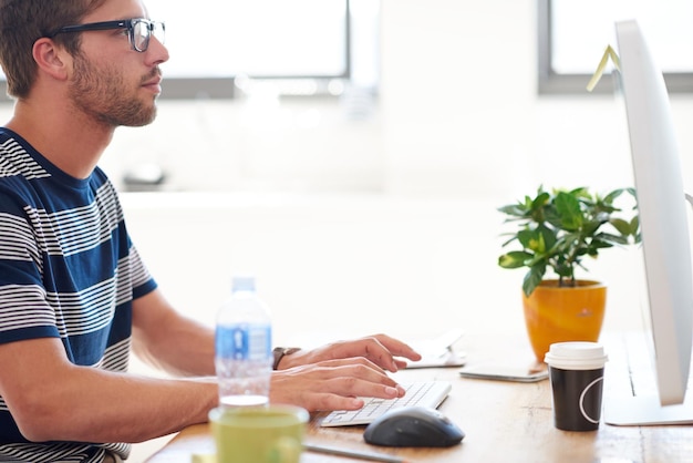 startup creative or man on computer for information technology problem solving or online firewall technician reading programming upgrade or web developer typing for troubleshooting or solution
