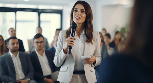 Startup girl leader speaks at pitch session rear view