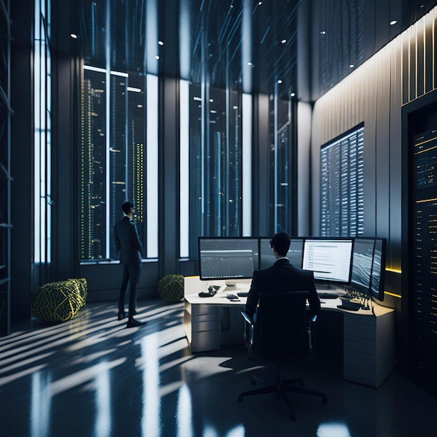 Startup office worker looking focused on business stock analysis in futuristic office