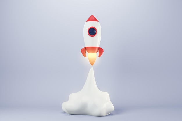 startup and promotion concept with launched rocket on light background 3d rendering