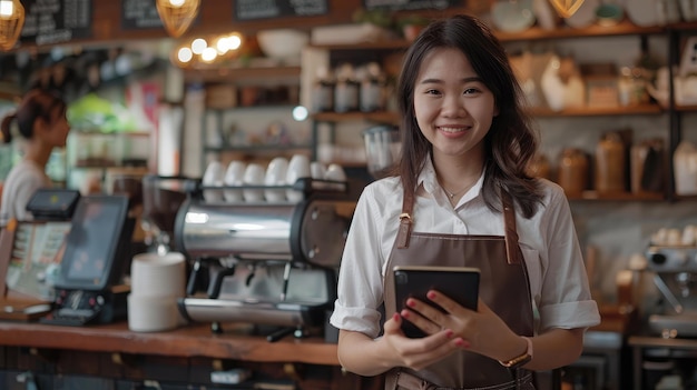 스타트업 중소기업 (Startup SME) 의 프리랜서 사업가, 아시안 여성 (Asian woman wearing apron), 노트북과 상자를 사용하여 온라인에서 주문을 받고 검토하고, 온라인에서 판매를 준비하고, 고객에게 온라인에서 판매하는 비즈니스 아이디어