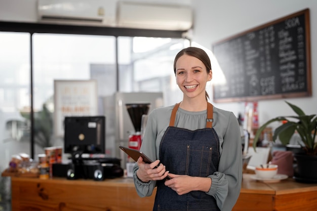 スタートアップの成功した中小企業のオーナー中小企業の美しさの少女は、コーヒー ショップのレストランでタブレットで立っています白人女性バリスタ カフェ オーナーの肖像画