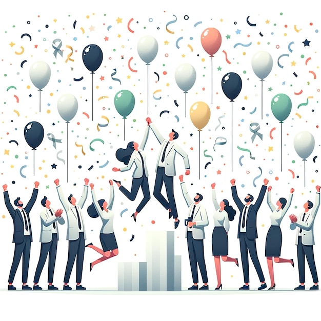 Foto startup team celebra la pietra miliare dei palloncini di confetti ampli highfives in illustrazione piatta