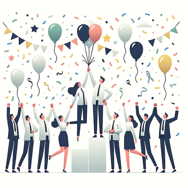 Photo startup team celebrates milestone confetti balloons amp highfives in flat illustration