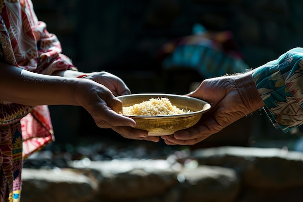 A starving person is holding a bowl of food