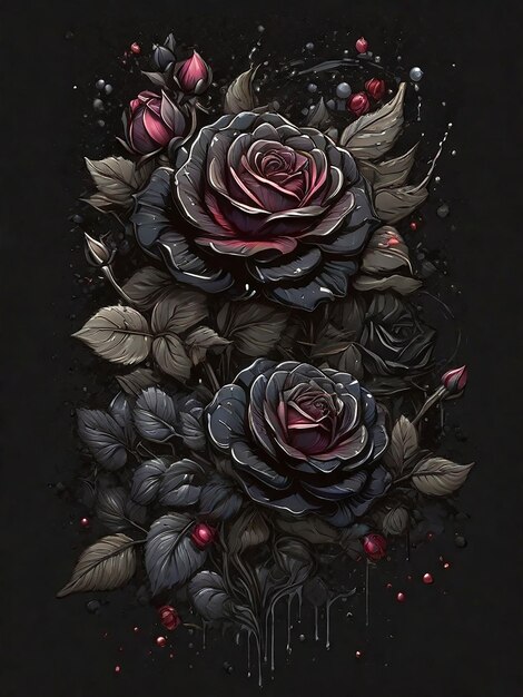 Photo stary blackrose flower splash arts aesthetic for tshirt design highly detailed darktone