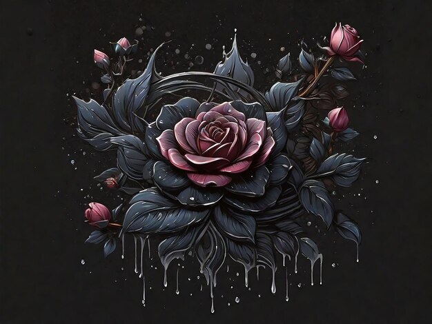 Stary blackrose flower splash arts aesthetic for tshirt design highly detailed darktone