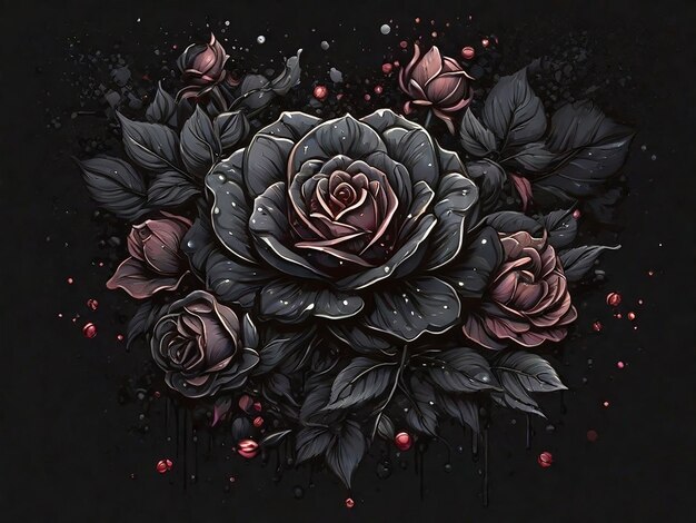 Photo stary blackrose flower splash arts aesthetic for tshirt design highly detailed darktone