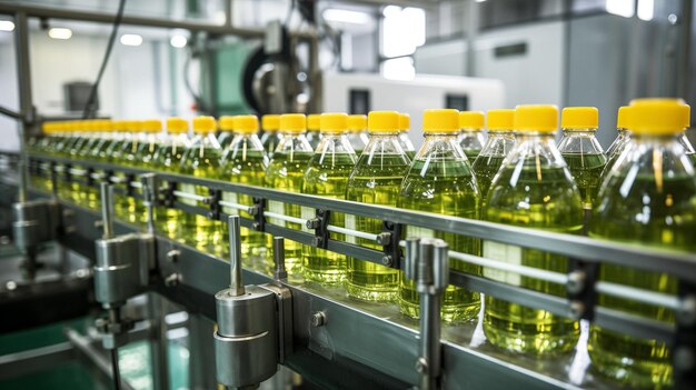 State of art machinery expertly filling juice into plastic bottles at plant