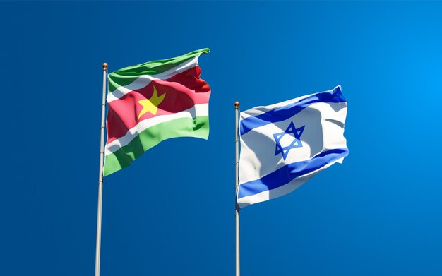 state flags of Suriname and Israel together on sky background