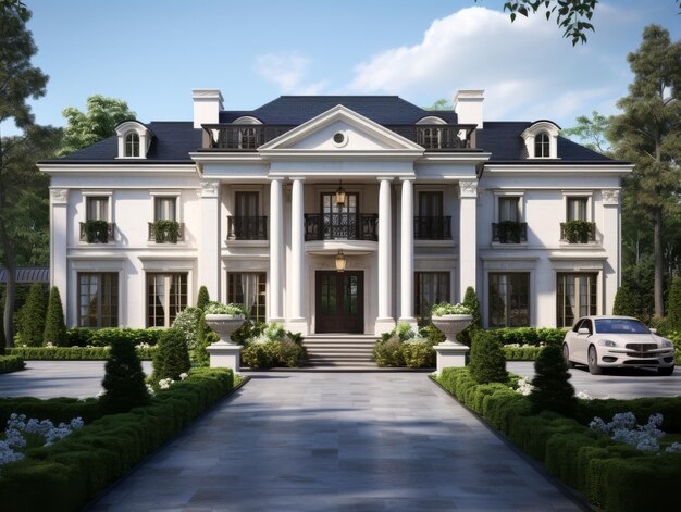 Photo a stately classicstyle house set amidst a manicured garden and shaded by mature trees