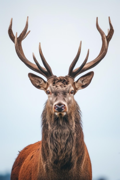 印象 的 な 角 を 持つ 壮大な 鹿 が 誇らしげ に 立っ て いる