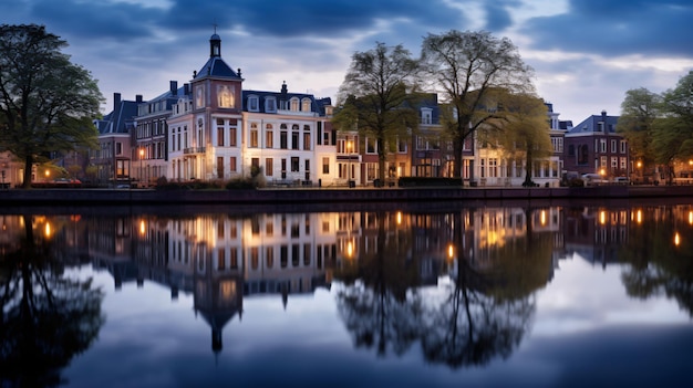 Stately mansions mirrored in a harbor