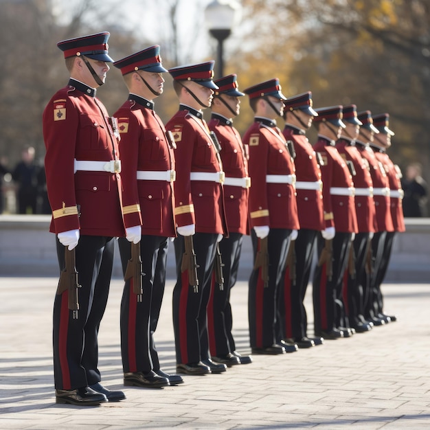 Photo stately soldiers in dress uniforms stand tall at canadian remembrance day ceremony