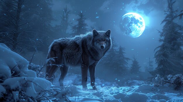 Stately Wolf in Frosty Timberland with Luminous Moon Overhead