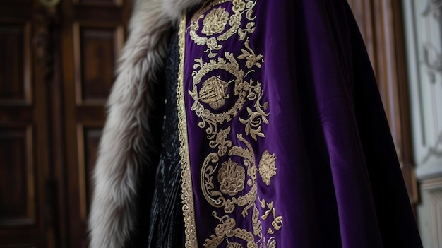 Photo a statement cape in a majestic shade of royal purple adorned with intricate gold embroidery and