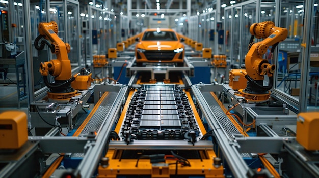 Stateofheart elektrische voertuigfabriek met volledig geautomatiseerde assemblagelijn en robotarmen die autobatterijen op het transportsysteem verplaatsen