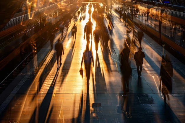 Photo station crowd of people train leaving at sunset