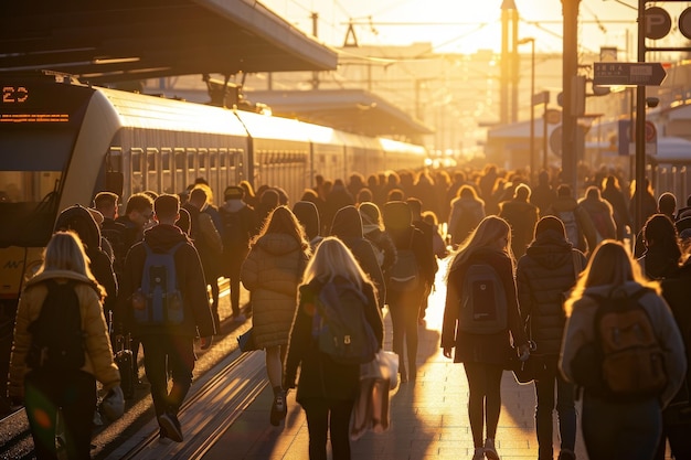 Photo station crowd of people train leaving at sunset