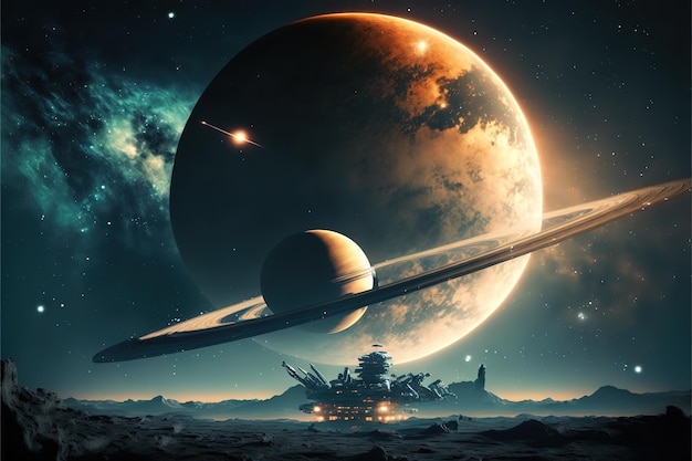 Station verkennen op woestijnland tegen planeten in ruimte AI
