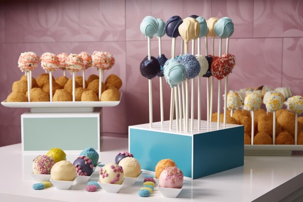 Station with display of various cake pops each in its own unique design created with generative ai