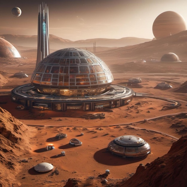 A station with a dome on the top space on Mars