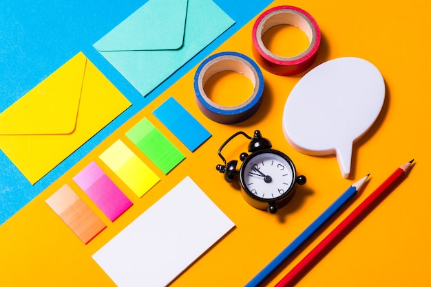 Photo stationary tools on colorful table