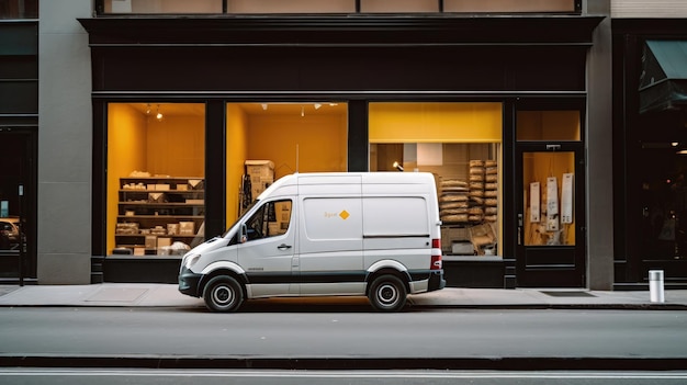 Photo stationed outside a bustling storefront a delivery van stands ready for its next assignment with packages neatly organized inside generated by ai