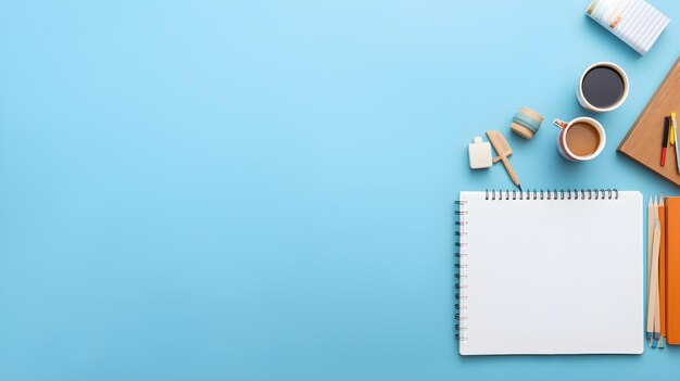 Stationery arranged neatly on a desk a studio shot against a serene blue backdrop