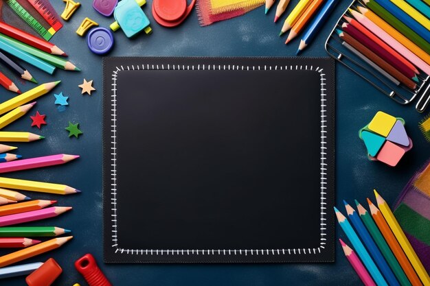 stationery and office frame black background with copy space