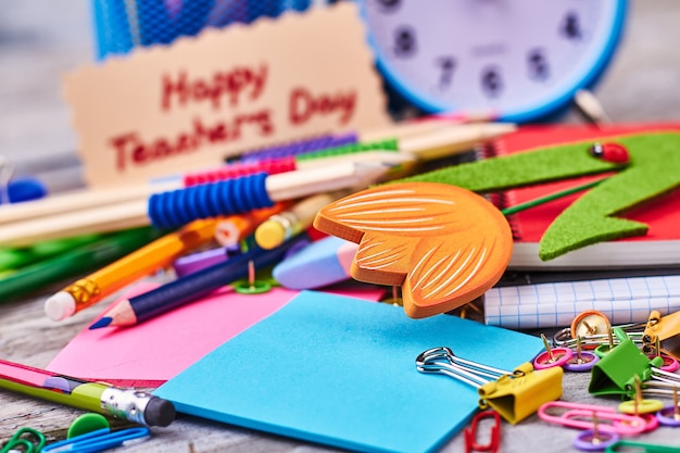 Stationery scattered around the surface. creative chaos on the table.