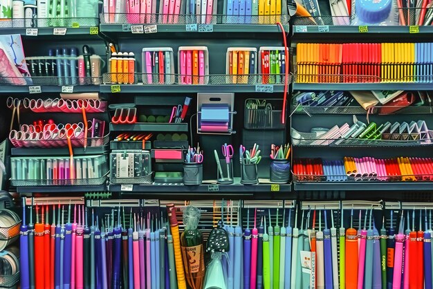 Foto un negozio di articoli di cancelleria con scaffali di penne colorate, quaderni ben impilati e forniture per ufficio assortite