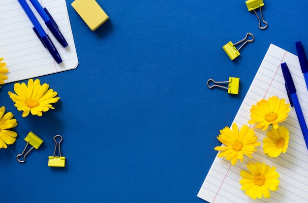 Cancelleria con fiori di calendula su sfondo blu