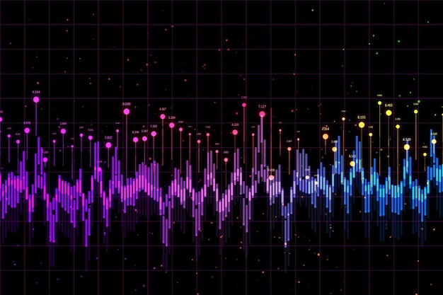 Концепция статистики и рыночных данных с видом спереди на фиолетовые и синие цифровые графики с двоичными кодовыми числами выше на темном фоне 3D рендеринга