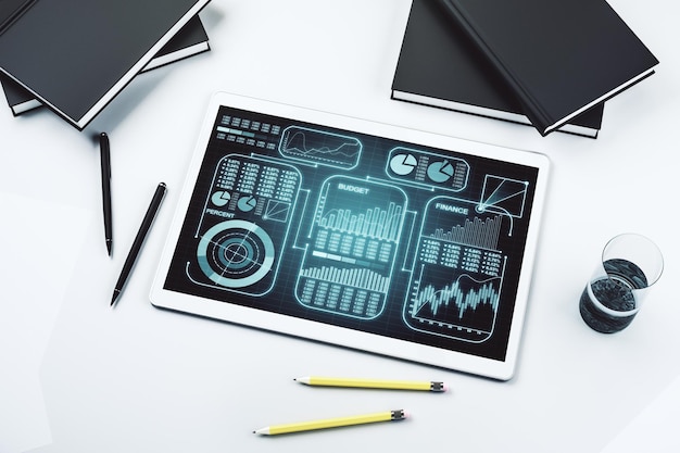 Stats data illustration on modern digital tablet monitor computing and analytics concept Top view 3D Rendering