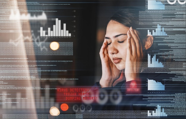 stats digital and woman with a headache and computer while working in investment at night stress burnout and stock market employee tired and frustrated with data problem on a pc during overtime