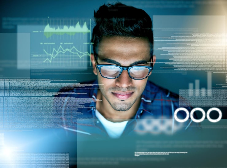 Photo stats overlay and a man with data for coding programming or cloud computing at night in an office business dark and a programmer with a network of charts and graphs to design an online system