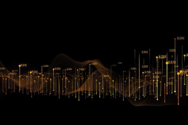 Stats and tech concept with digital abstract network connection wave and vertical lines releasing binary codes on dark background 3D rendering